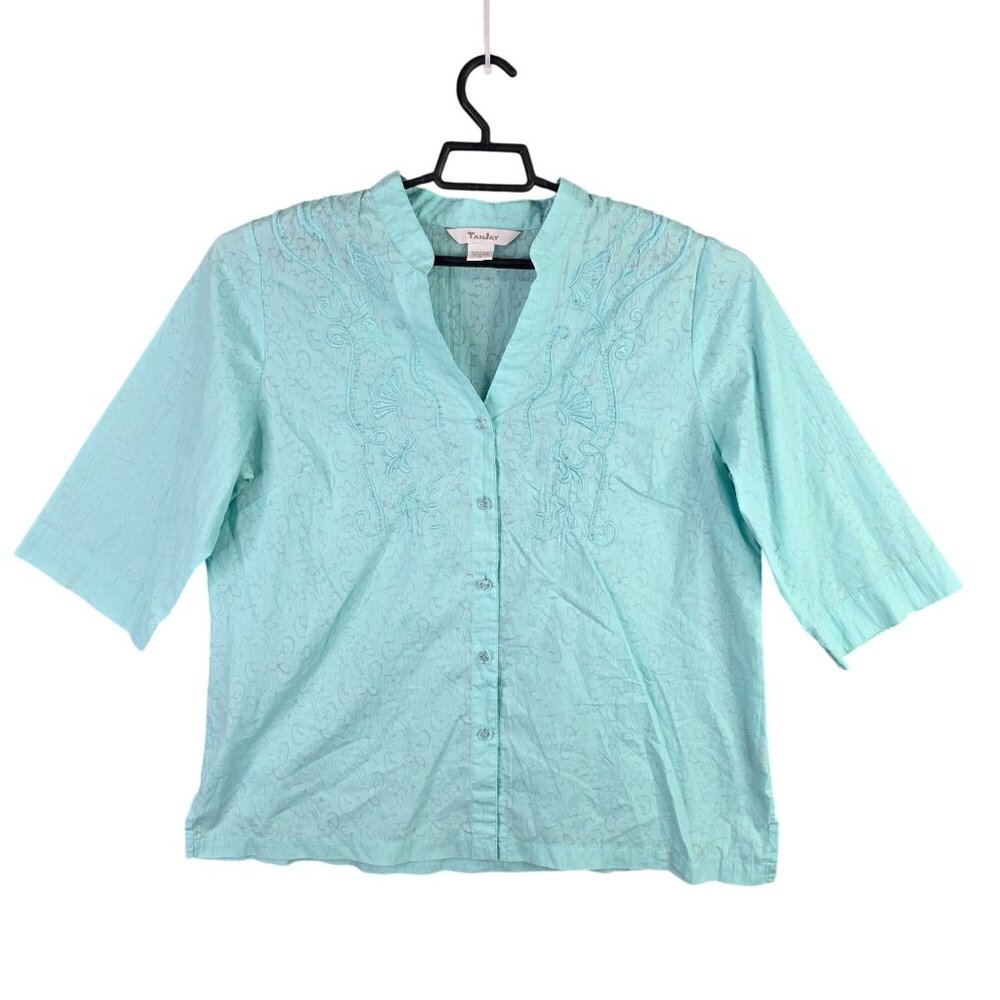 Womens TanJay Teal Embroidered Blouse Button Up 3/4 Sleeve Cotton Blend Size 14